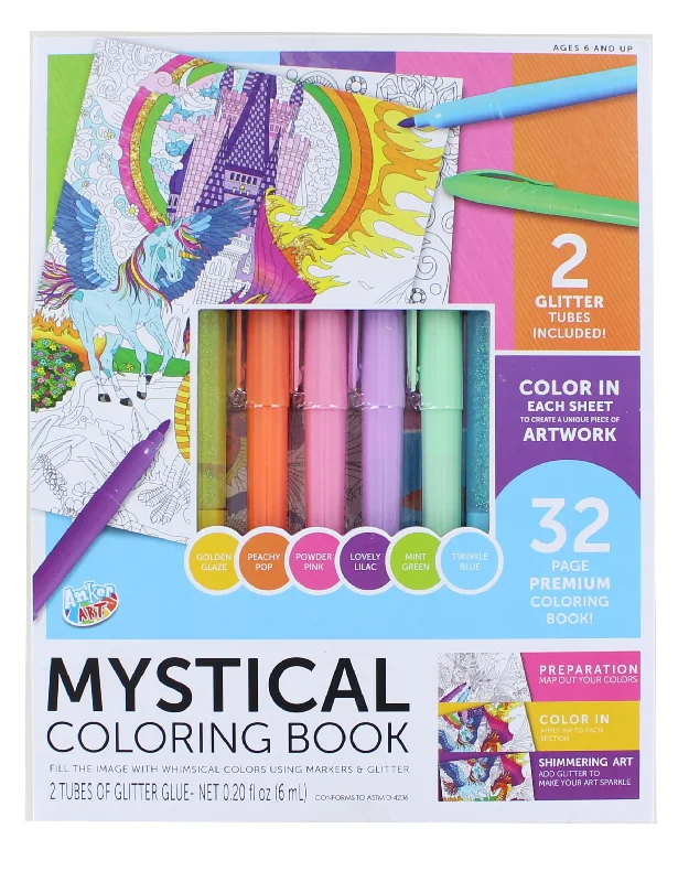 Coloring Book Kit With 6 Glimmer Gel Pens | Mystical