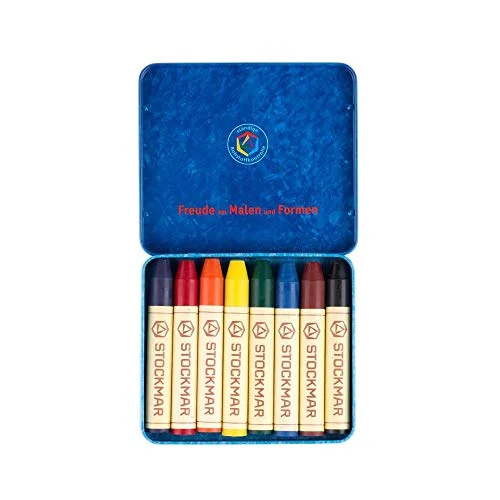 Stockmar Beeswax Stick Crayons in Storage Tin, Set of 8 Colors, Waldorf Assortment